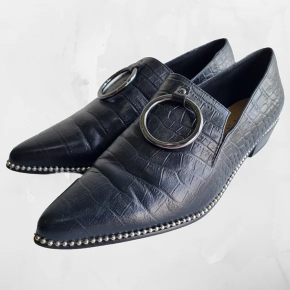 Skin Black Crocodile Print Leather O-Ring Detail Pointed Toe Loafers Size 38 - Picture 1 of 7